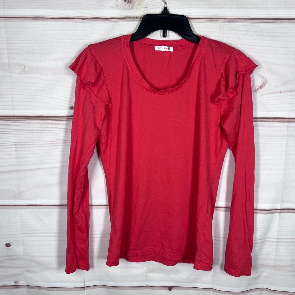 SUNDRY Ruffle Shoulder Top Womens 1 Small Pink Long Sleeve Scoop Neck T-Shirt